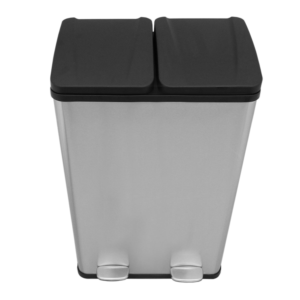 Sleek 60L dual pedal bin in stainless steel with a brushed finish, featuring two black lids and foot pedals for easy use