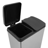 Sleek 60L dual pedal bin in stainless steel with a black lid, featuring a smooth finish and a spacious interior for waste disposal