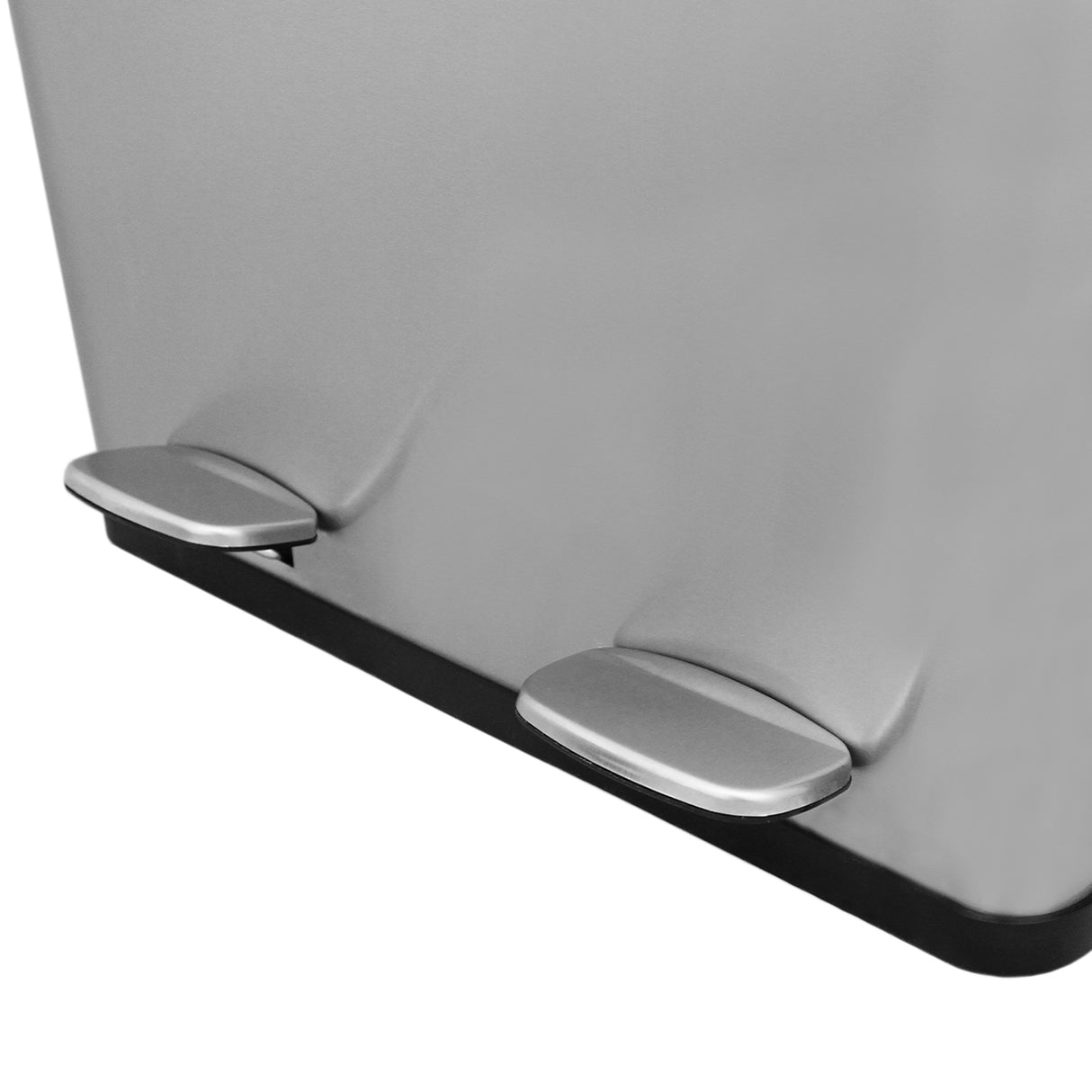Sleek 60L dual pedal bin in brushed stainless steel with two foot pedals for hands-free operation and a modern design