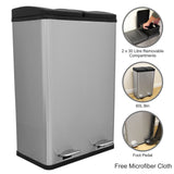 Sleek 60L dual pedal bin in stainless steel with two 30L compartments, featuring a modern design and foot pedals for hands-free use
