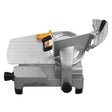 Stainless steel 10-inch meat slicer with a sleek design, adjustable thickness control, and a sturdy black base for stability