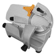 Stainless steel 12-inch meat slicer with a sleek design, orange handle, and adjustable thickness settings for precise slicing