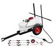 100L ATV trailer and sprayer featuring a white tank, red wheels, black frame, and multiple spray nozzles for efficient application