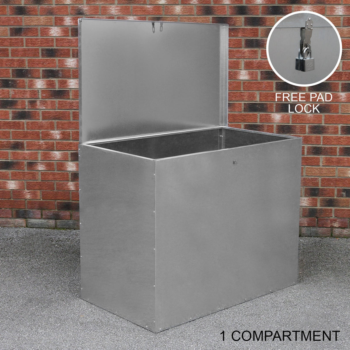 Galvanised metal feed store with a single compartment, featuring a hinged lid and a free padlock for secure storage against a brick background