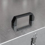 Galvanised feed store compartment featuring a sturdy black handle, sleek metallic surface, and secure latch for easy access