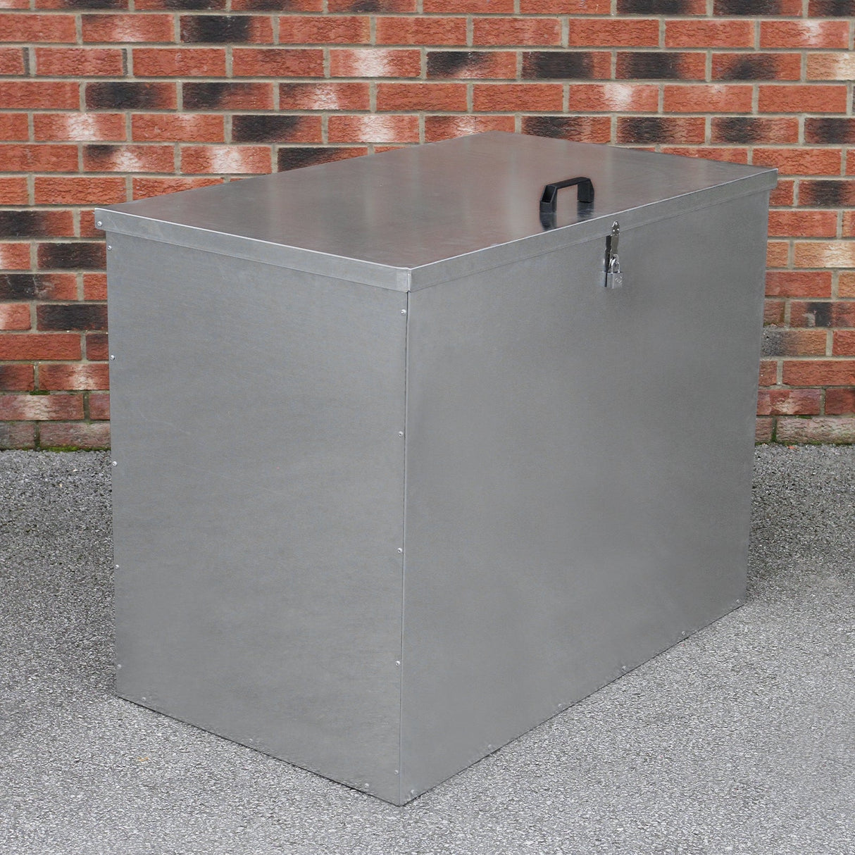 Galvanised steel feed store with a single compartment, featuring a smooth metallic surface and a sturdy handle on the lid