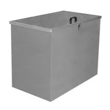 Galvanised steel feed store with a single compartment, featuring a sleek metallic finish, sturdy handle, and secure lock for storage