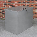 Galvanised metal feed store with two compartments, featuring a sleek silver finish, sturdy handle, and secure latch for easy access