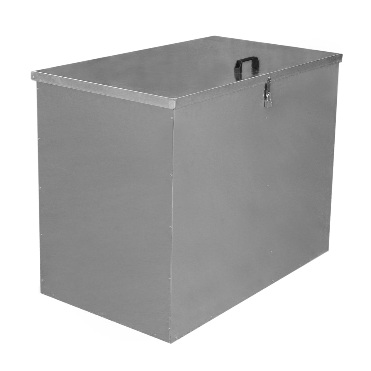 Galvanised metal feed store with two compartments, featuring a sleek silver finish, sturdy handle, and secure locking mechanism