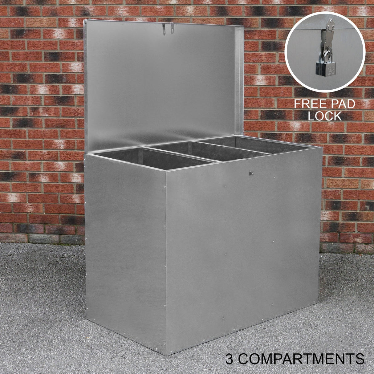 Galvanised feed store with three compartments, featuring a sleek silver finish, sturdy construction, and a padlock for security