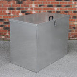 Galvanised feed store with three compartments, featuring a sleek silver finish, sturdy construction, and a secure lid with a handle