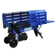 Blue T-Mech 5T log splitter with a sturdy design, featuring a slotted cover, wheels for mobility, and a side table for convenience