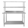 Stainless steel 5ft catering bench with double over-shelf, featuring a sleek, smooth surface and sturdy legs for durability