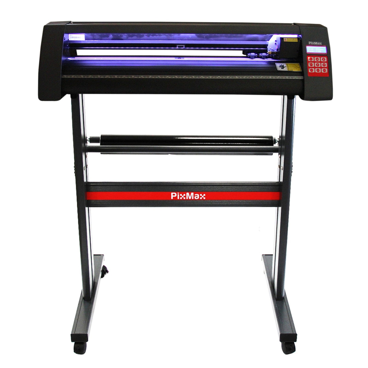 LED vinyl cutter with a sleek black design, featuring a bright blue light, control panel, and sturdy metal stand for stability