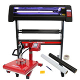 LED vinyl cutter with a sleek black design, red heat press, rolls of vinyl, and tools for precise crafting and customization
