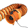 MAXBLAST Dust Extractor features a vibrant orange fan with a black grill, connected to a flexible 12m duct for efficient dust removal