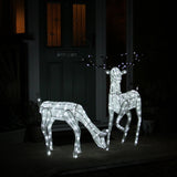 Large illuminated stag and doe reindeer set, featuring white wireframe design with twinkling lights, perfect for festive decor