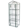 Four-tier mini greenhouse with a clear plastic cover, green metal frame, and mesh shelves for optimal plant growth and organization