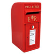 Bright red Royal Mail post box featuring gold lettering, a slot for letters, and a collection time notice on the front