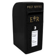 Black Royal Mail post box with gold lettering, featuring a slot for mail and a display for collection times, sturdy design