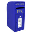 Bright blue Scottish post box with gold lettering, featuring a collection slot and a sign indicating collection times