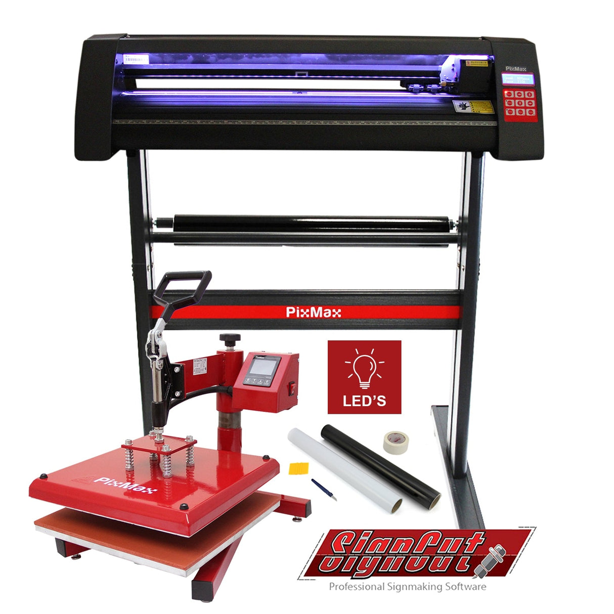 LED vinyl cutter with a sleek black design, red swing heat press, software, and accessories for professional signmaking