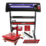 LED vinyl cutter with a sleek black design, red swing heat press, software, and accessories for professional signmaking