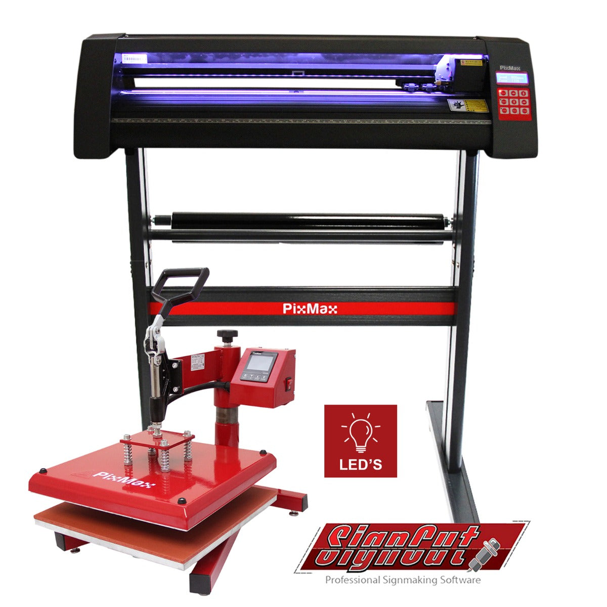 LED vinyl cutter with a sleek black design, 38cm swing heat press in vibrant red, and professional software for precise cutting and printing