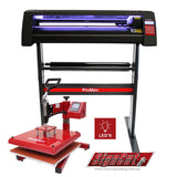 LED vinyl cutter with a sleek black design, 38cm swing heat press in vibrant red, and professional software for precise cutting and printing