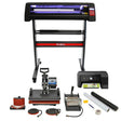 Vinyl cutter with LED display, 5-in-1 heat press, printer, and sign-making tools, featuring sleek black and red design