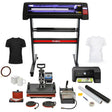 PixMax Da Vinci Bundle includes a heat press, vinyl cutter, printer, and accessories, showcasing a sleek black and red design with various tools for crafting