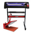 LED vinyl cutter with a sleek black design, red accents, and a clam heat press, showcasing a flat surface for crafting projects