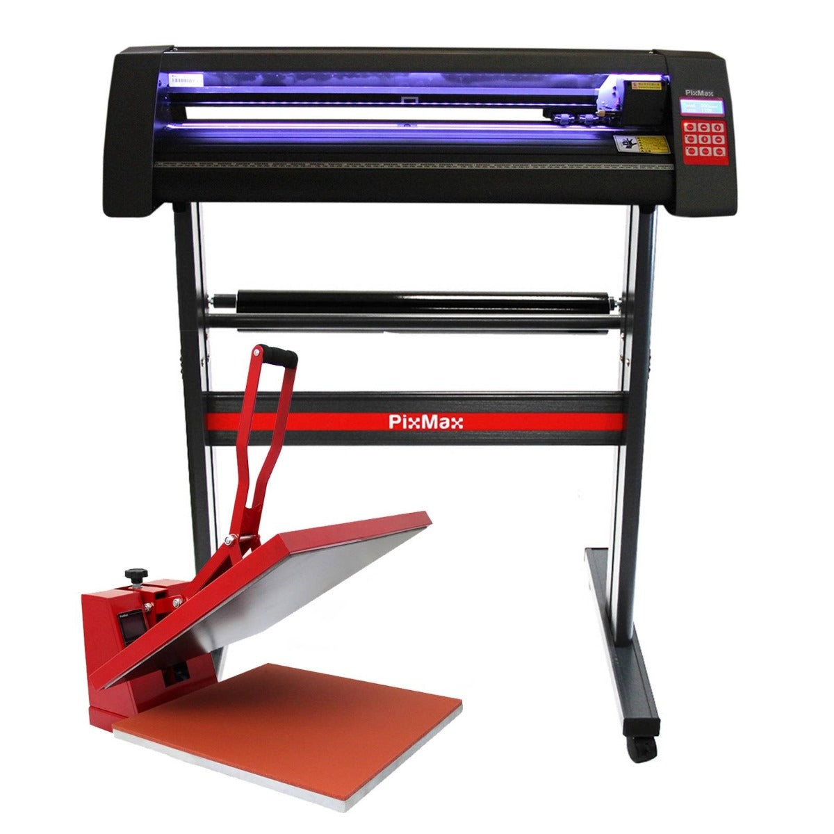 LED vinyl cutter with a sleek black design, red accents, and a clam heat press, showcasing a flat surface for crafting projects
