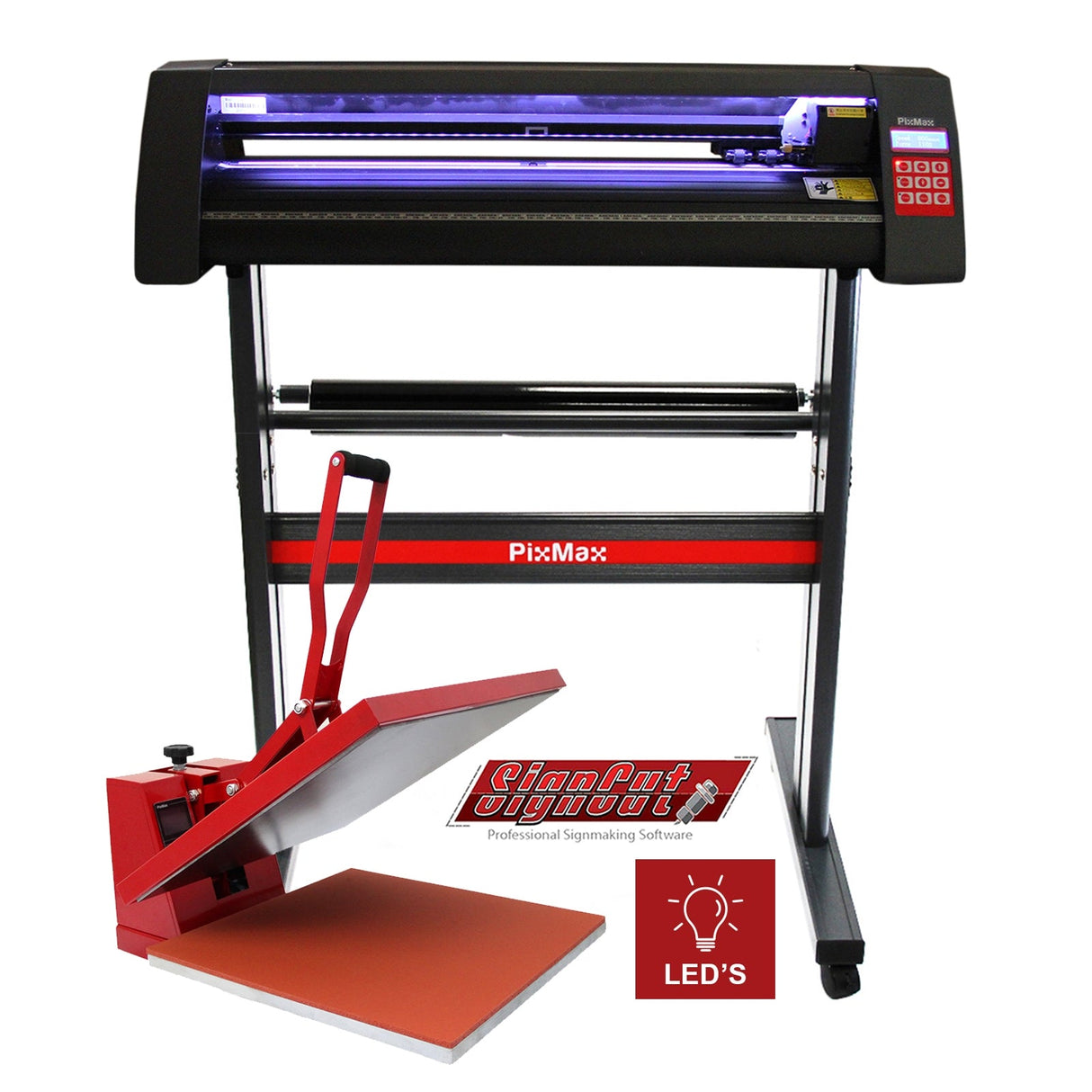 LED vinyl cutter with a sleek black design, accompanied by a red clam heat press, showcasing professional sign-making tools and software