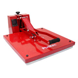 Bright red clam heat press with a sturdy handle, digital display, and flat pressing surface, ideal for vinyl cutting projects