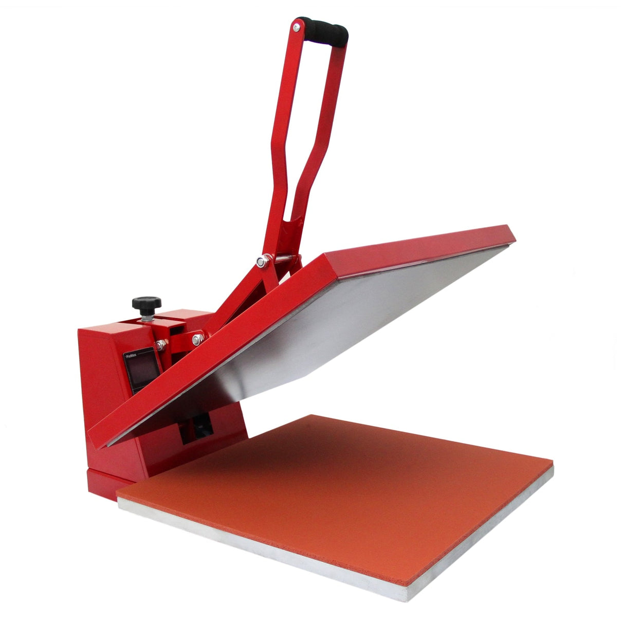 Bright red clam heat press with a large flat surface, featuring a sturdy handle and adjustable pressure for vinyl cutting projects