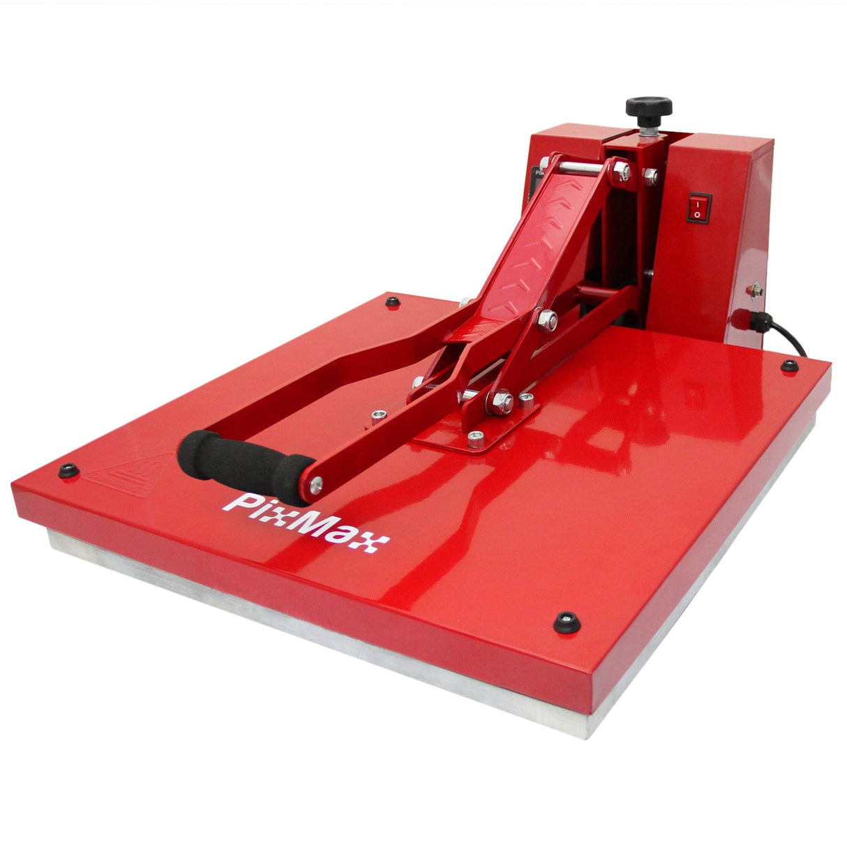 Bright red clam heat press machine with a sturdy handle, flat pressing surface, and control panel for vinyl cutting and heat transfer projects