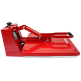 Bright red clam heat press with a sturdy handle, featuring a digital display and a flat pressing surface for vinyl applications