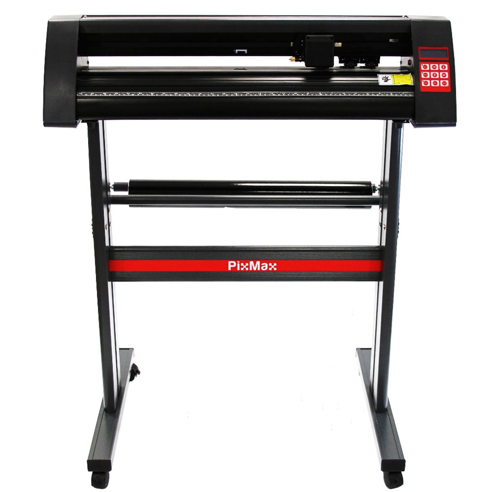LED vinyl cutter with a sleek black design, featuring a digital control panel and sturdy metal frame for precision cutting