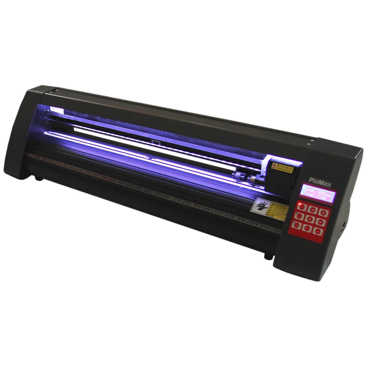 Black LED vinyl cutter with a sleek design, featuring a control panel and illuminated cutting area for precision crafting