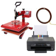 Red 38cm swing heat press with adjustable handle, paired with an Epson printer featuring color ink cartridges and blank paper
