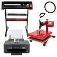 38cm swing press in red, 720mm vinyl cutter in black, and Epson printer with colorful ink cartridges, all on a white background