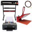 50cm clam press in red, 720mm vinyl cutter with black and red design, and Epson printer with colorful ink cartridges and blank paper