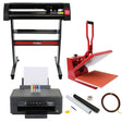 38cm clam press in red, 720mm vinyl cutter, Epson printer with ink cartridges, and weeding kit on a white background