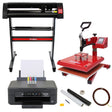 38cm swing press, 720mm vinyl cutter, Epson printer, and weeding kit arranged together, showcasing vibrant colors and sleek designs