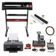 5 in 1 heat press, 720mm vinyl cutter, Epson printer, and weeding kit displayed on a black and red workstation, showcasing tools and materials