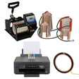 Monet Mug Making Bundle includes a heat press machine, two mug wraps, a printer with ink cartridges, and heat-resistant tape