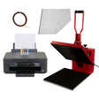 Clam heat press in vibrant red with a black base, alongside an Epson printer, cartridges, and transfer paper for printing projects