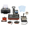 5 in 1 heat press and Epson printer set featuring vibrant colors, various attachments, and essential accessories for crafting projects