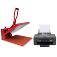 Red clam heat press with a large flat surface beside an Epson printer featuring colorful ink cartridges and a paper tray